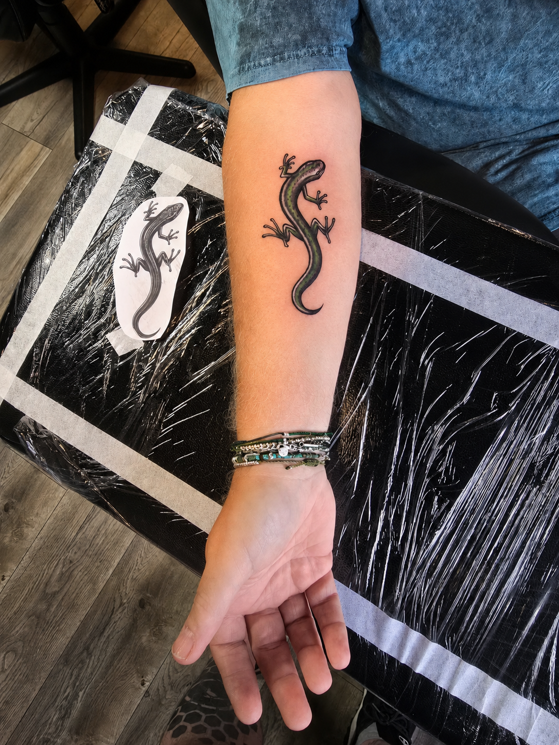 Small colour lizard tattoo.
Tattoo by Thomas at HD Ink Tattoos , Bathgate, West Lothian.