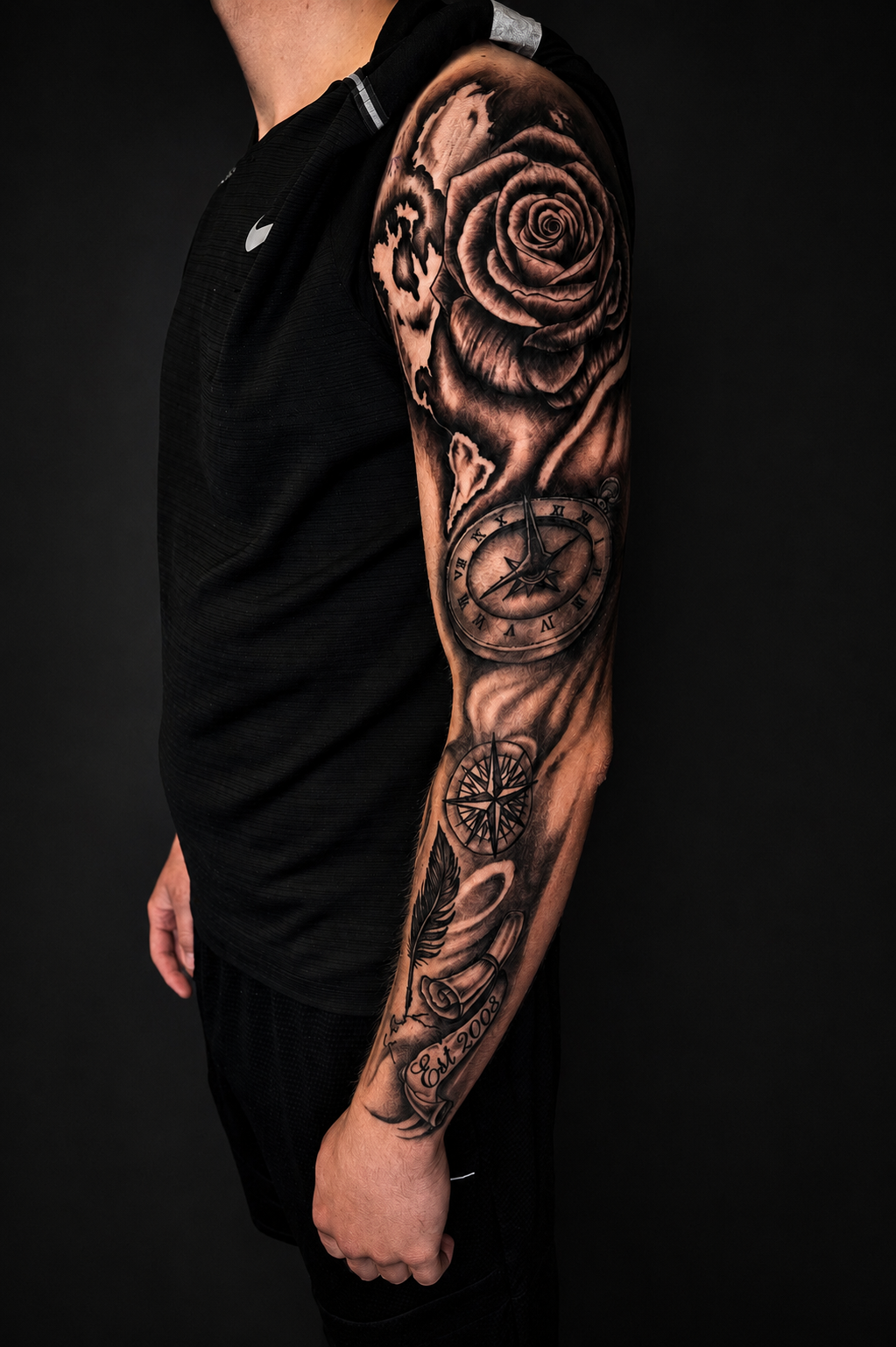Black & grey rose, clock and compass tattoo.
Tattoo by Thomas at HD Ink Tattoos , Bathgate, West Lothian.