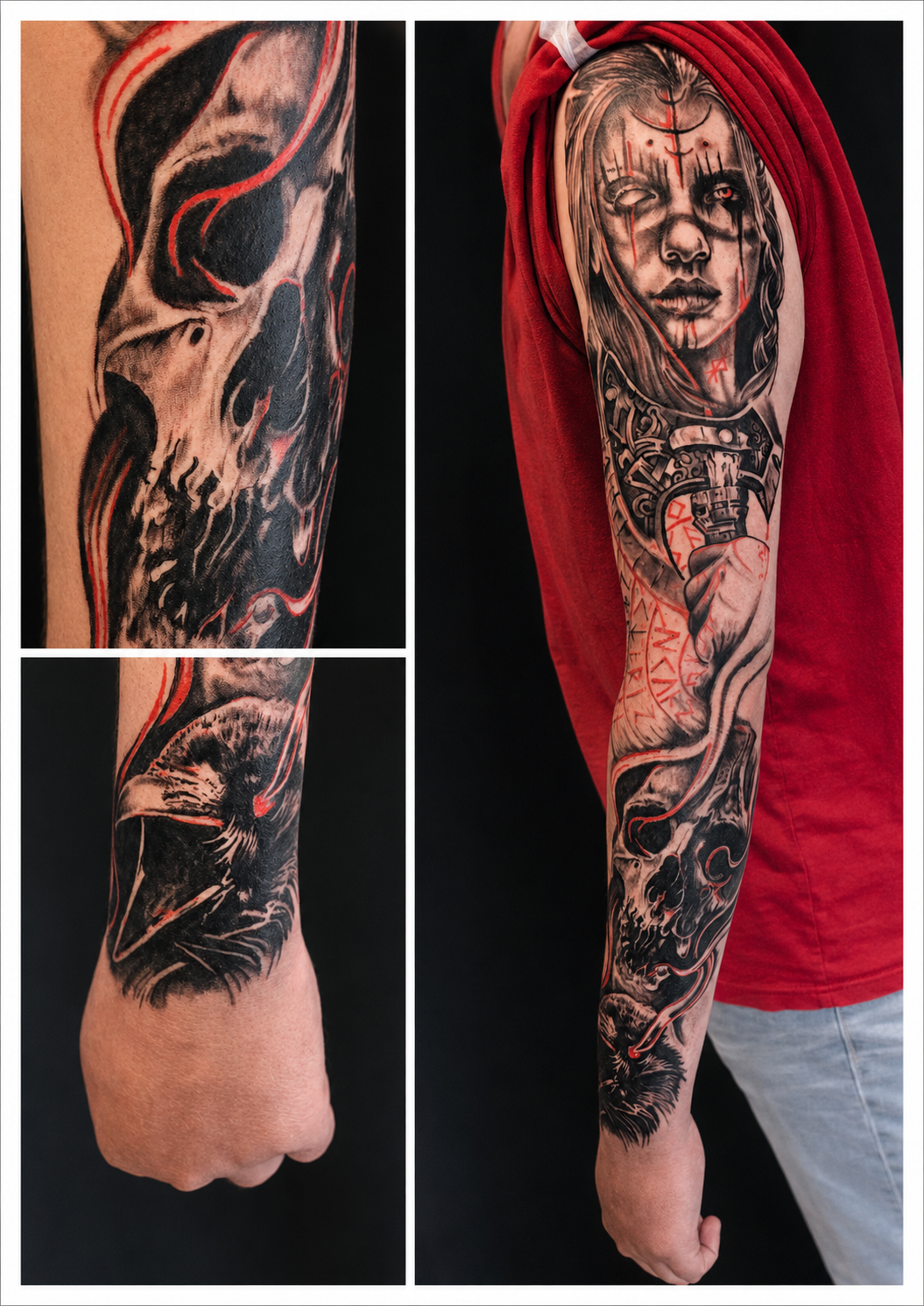Dark warrior & skull sleeve tattoo.
Powerful black & grey composition with red accents, combining a dark warrior , runic details and skull imagery.
Tattoo by Arek at HD Ink Tattoos , Bathgate, West Lothian.