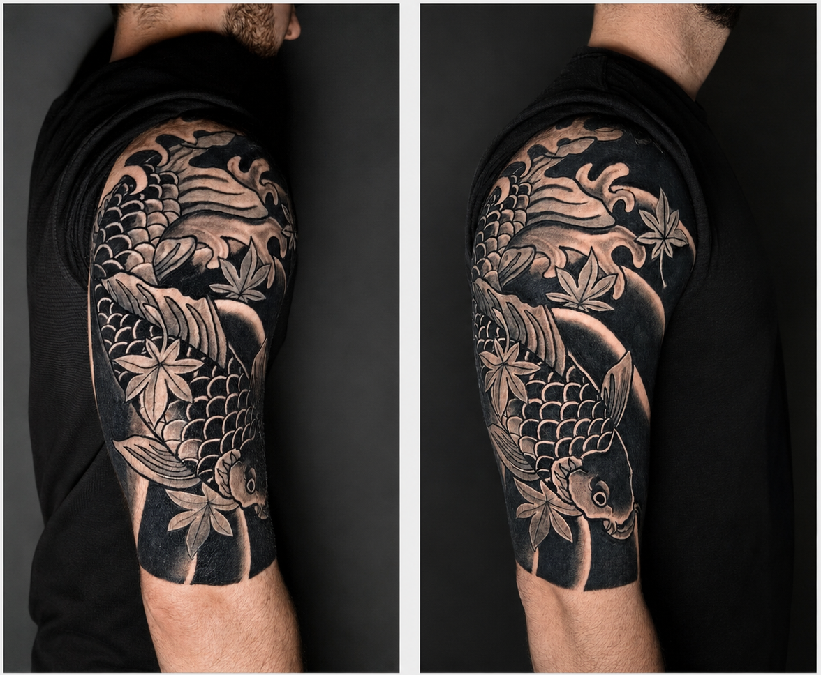 Japanese koi tattoo.
Bold black & grey Japanese - inspired design featuring a koi carp, maple leaves and flowing water elements with strong contrast.
Tattoo by Arek at HD Ink Tattoos , Bathgate, West Lothian.