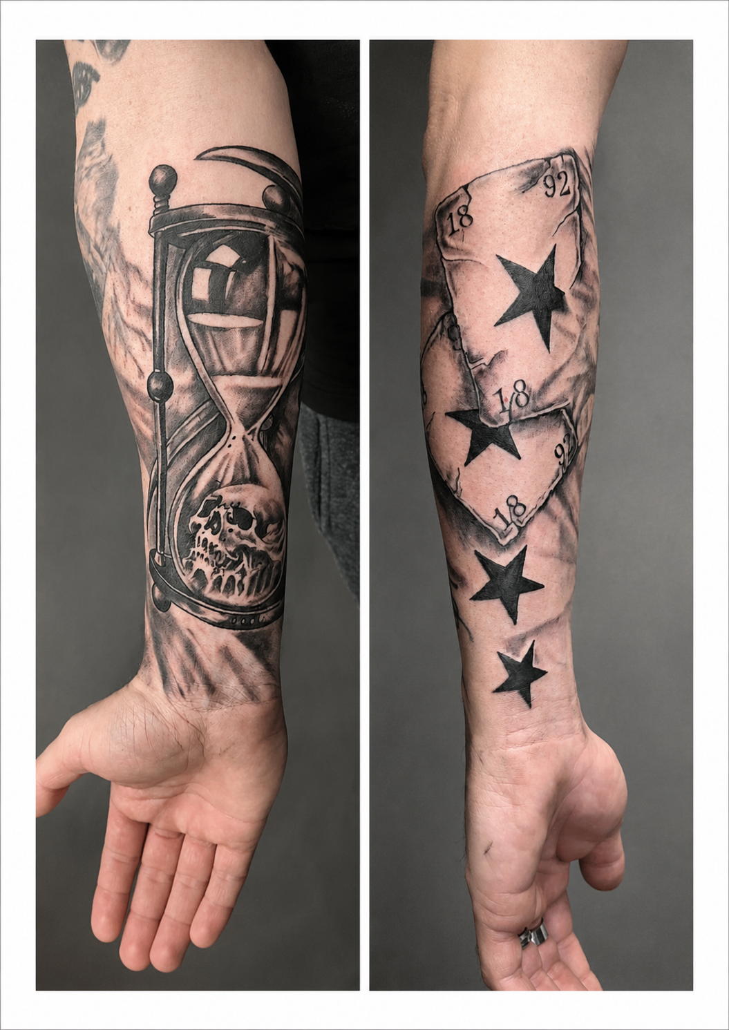 Black & grey composition combining an hourglass with a skull, torn-paper details, stars and significant dates.
Tattoo by Arek at HD Ink Tattoos , Bathgate, West Lothian.