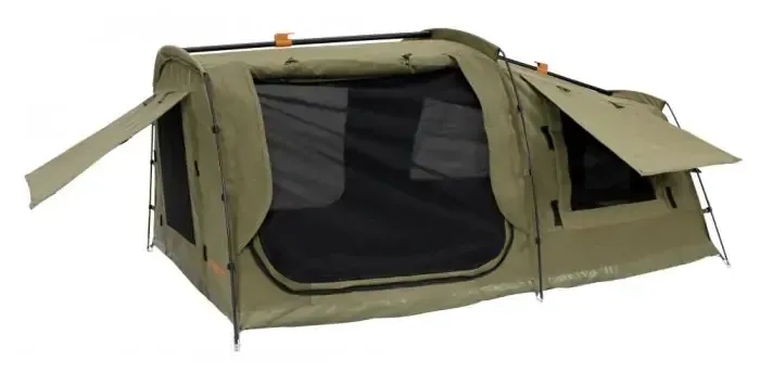 A Green Tent With a Black Mesh Door is Sitting on Top of a White Surface — TJM Dubbo In Dubbo, NSW