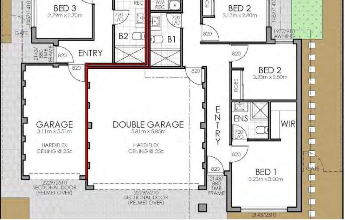 A floor plan of a house with a double garage