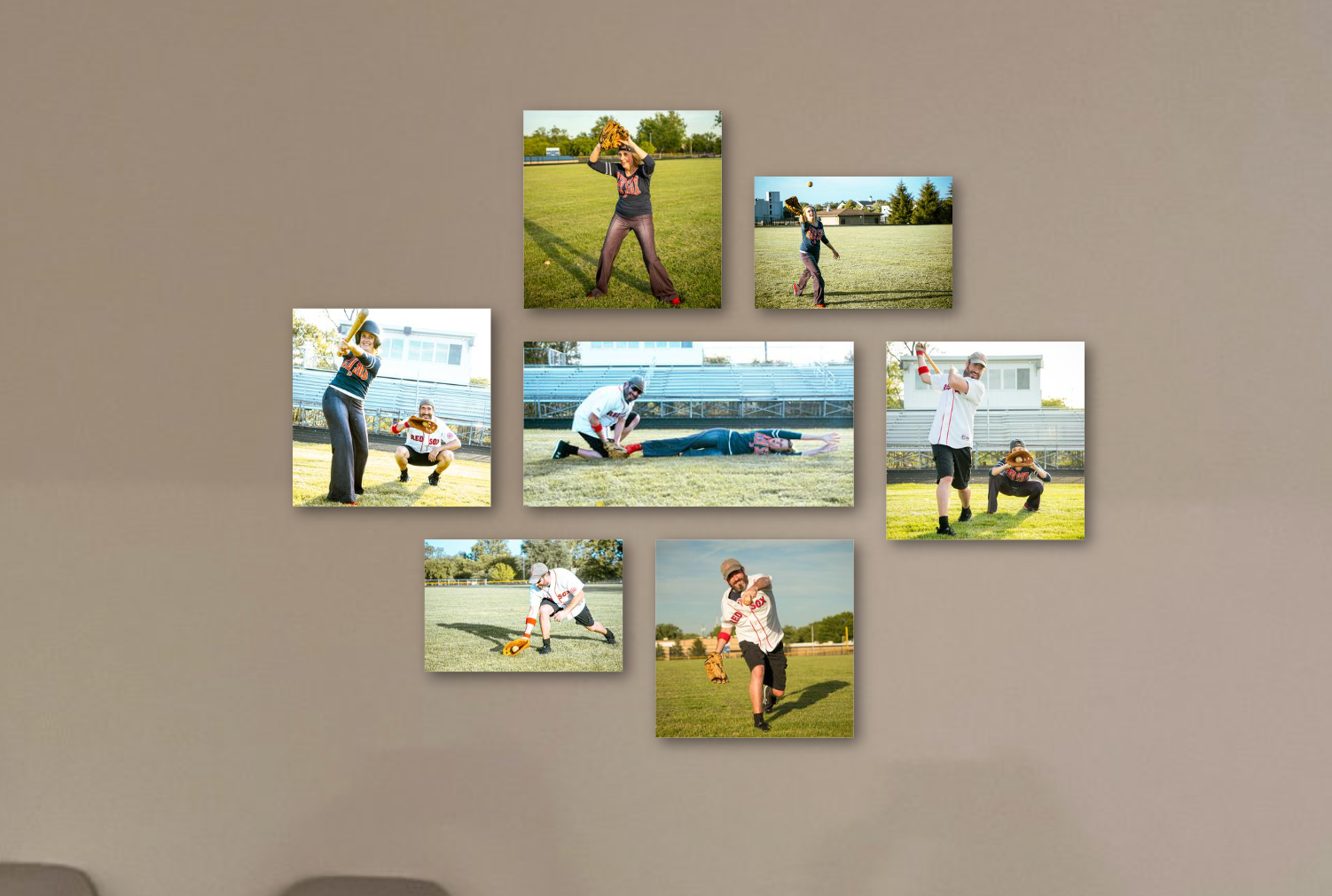 Collage of photos of baseball players in action on a wall display in Carmel, Indiana