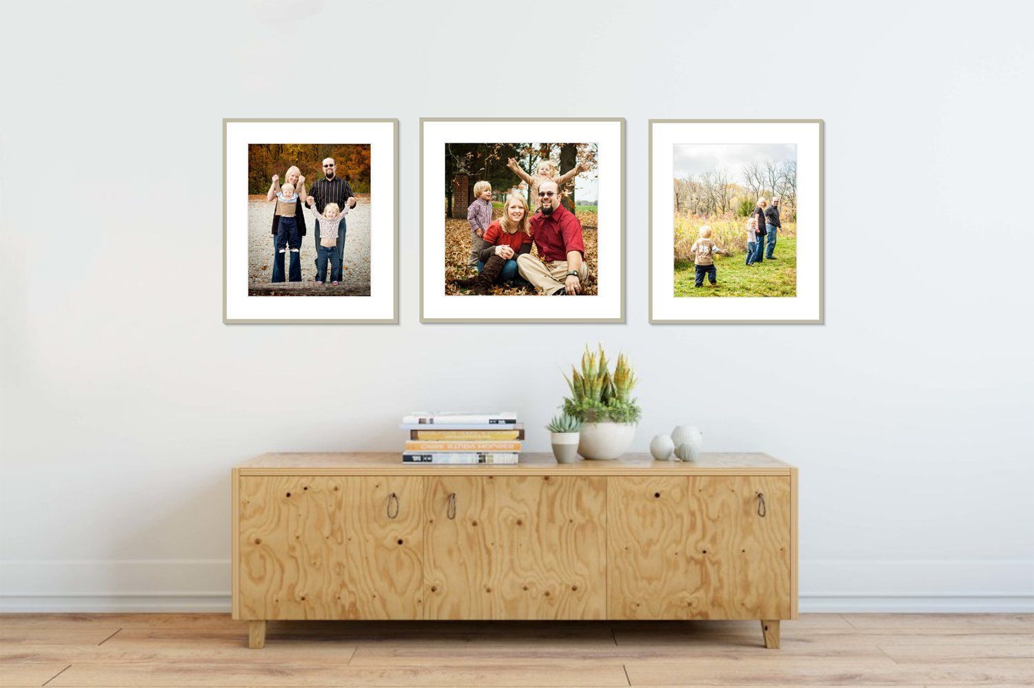 Framed family photos above a wooden sideboard with books and small plants in a bright room in Noblesville, Indiana