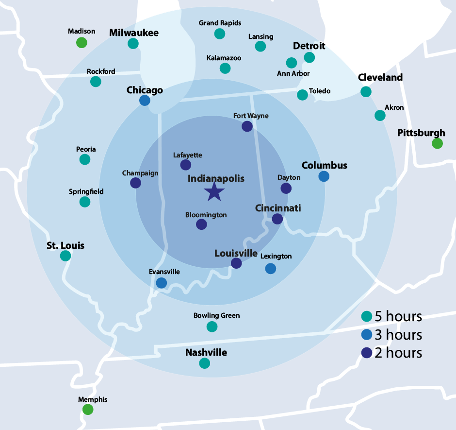 Midwest travel-time map with blue concentric circles around Indianapolis and labeled nearby cities