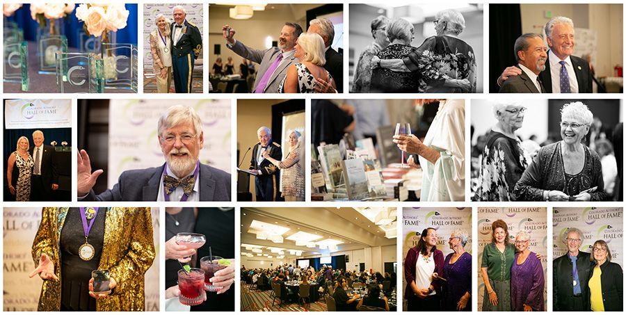 A collage of photos of people including a man in a gold suit