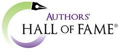 The authors hall of fame logo is a green and purple circle with a pen in the middle.