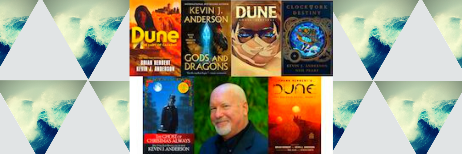 A man is standing in front of a collage of dune books