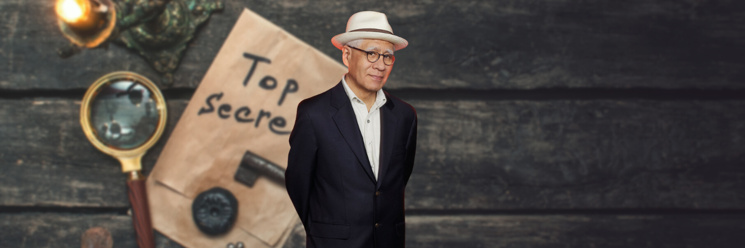 A man in a suit stands in front of a top secret paper
