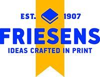 A blue and yellow logo for friesens ideas crafted in print.