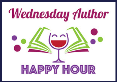 A wednesday author happy hour sign with a book and a glass of wine