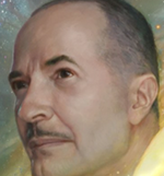 A close up of a man 's face with a yellow background.