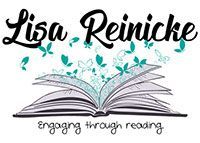 A logo for lisa reinicke engaging through reading with an open book and butterflies coming out of it.