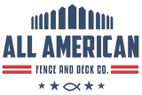 Logo for All American Fence and Deck Co. featuring blue text, a fence icon, red horizontal lines, and stars with a fish icon.
