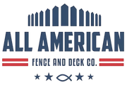 Logo for All American Fence and Deck Co. featuring blue text, a fence icon, red horizontal lines, and stars with a fish icon.
