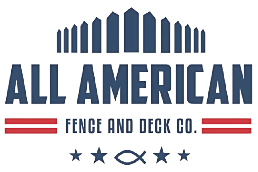 Logo for All American Fence and Deck Co. featuring blue text, a fence icon, red horizontal lines, and stars with a fish icon.