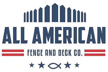 Logo for All American Fence and Deck Co. featuring blue text, a fence icon, red horizontal lines, and stars with a fish icon.