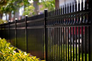 A black metal picket fence with a ringed top design runs along a garden bed with bright green foliage.