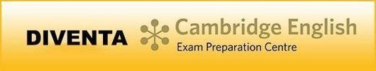 Logo DIVENTA e Cambridge English su uno striscione giallo con la scritta 
