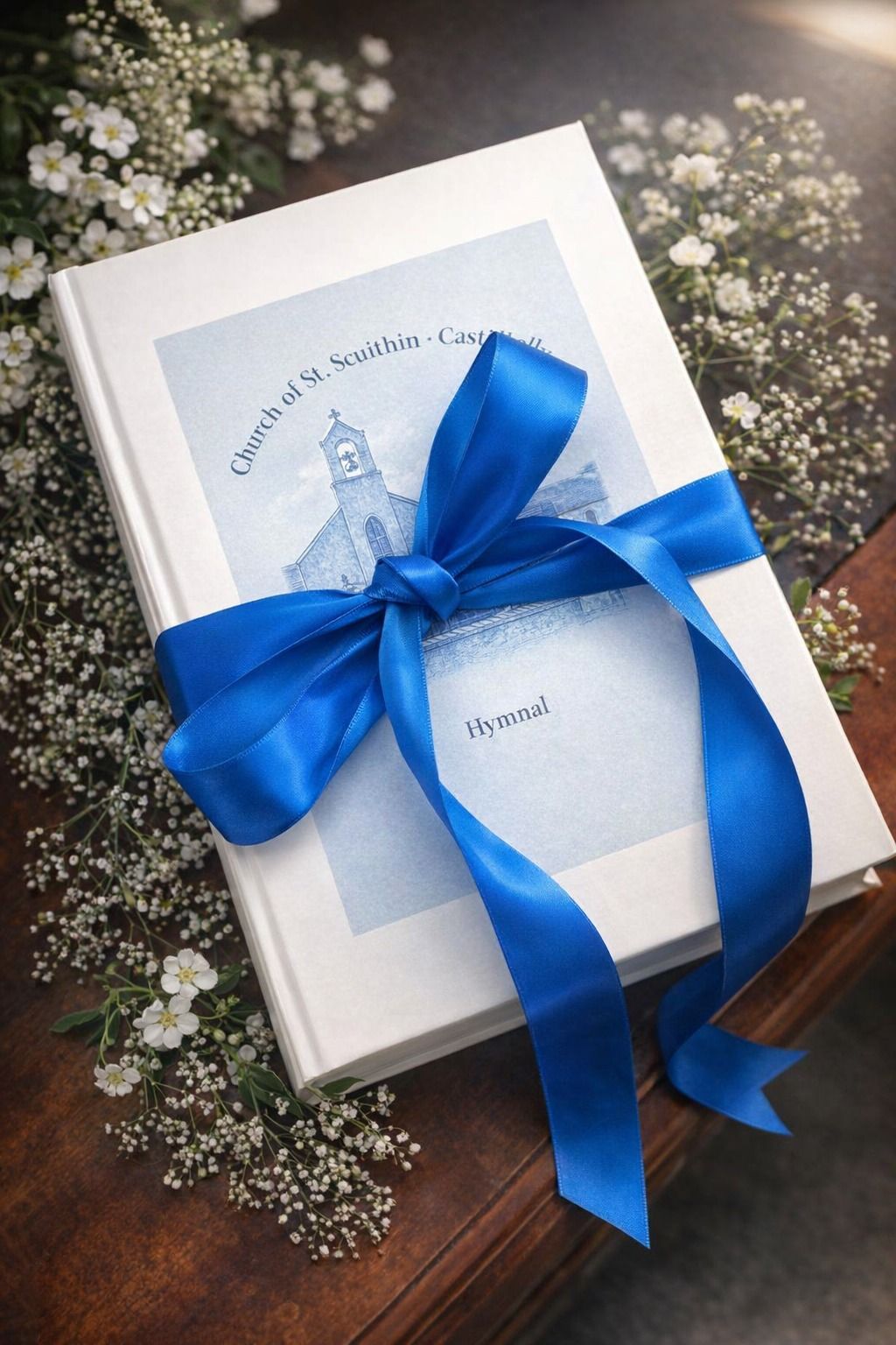 White gift box with a blue ribbon and floral label on a dark floral background