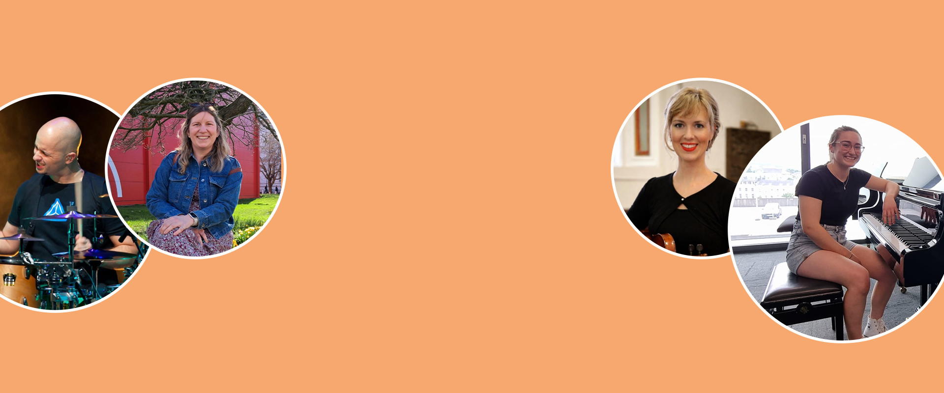 Four small circular profile photos on a light blue background, showing people in indoor settings.