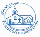 St. Cuthin’s Children’s Choir logo: blue church, dove, music notes, and circular text on white background