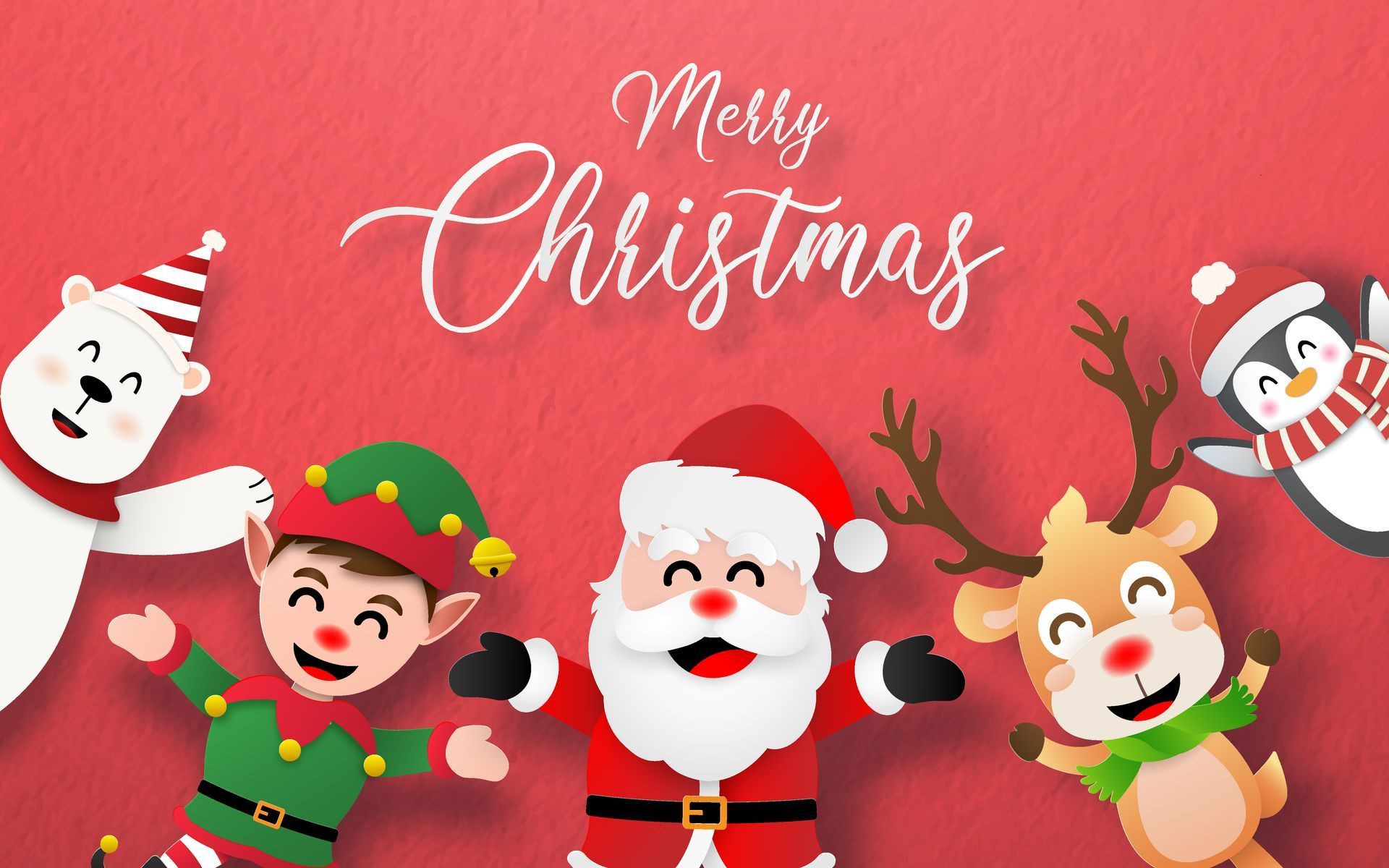 Merry Christmas greeting with Santa, an elf, polar bear, penguin, and reindeer, against a red background.