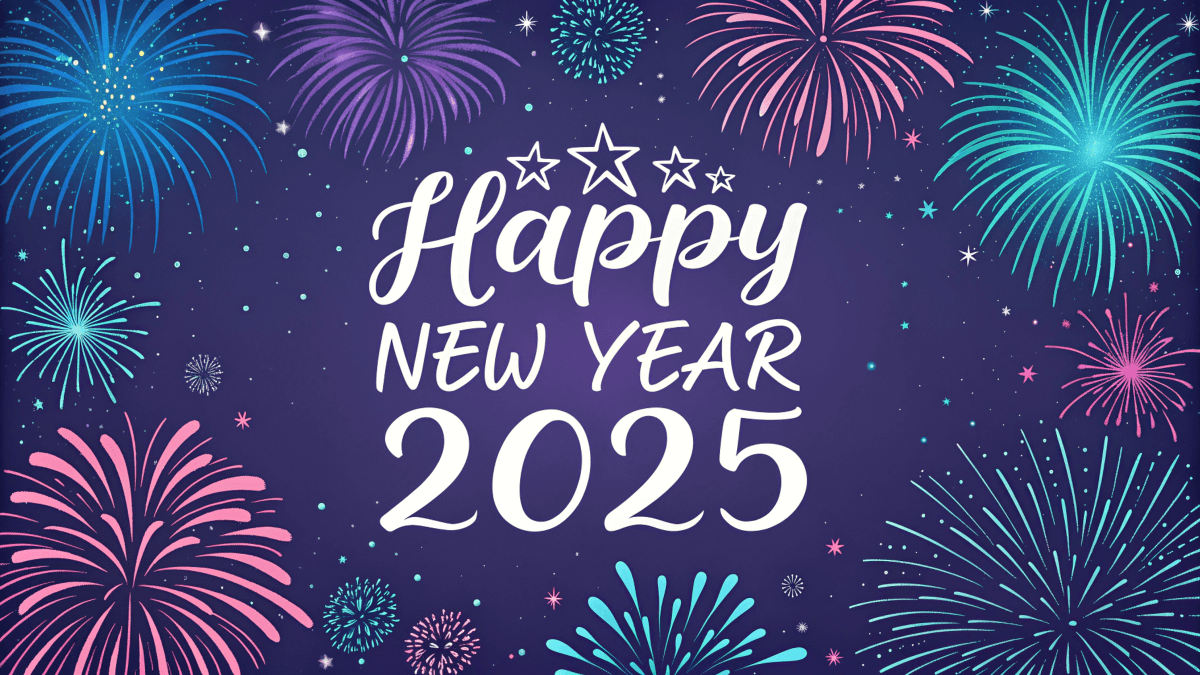 Happy New Year 2025 with fireworks in pink, blue, purple, and white on a dark blue background.