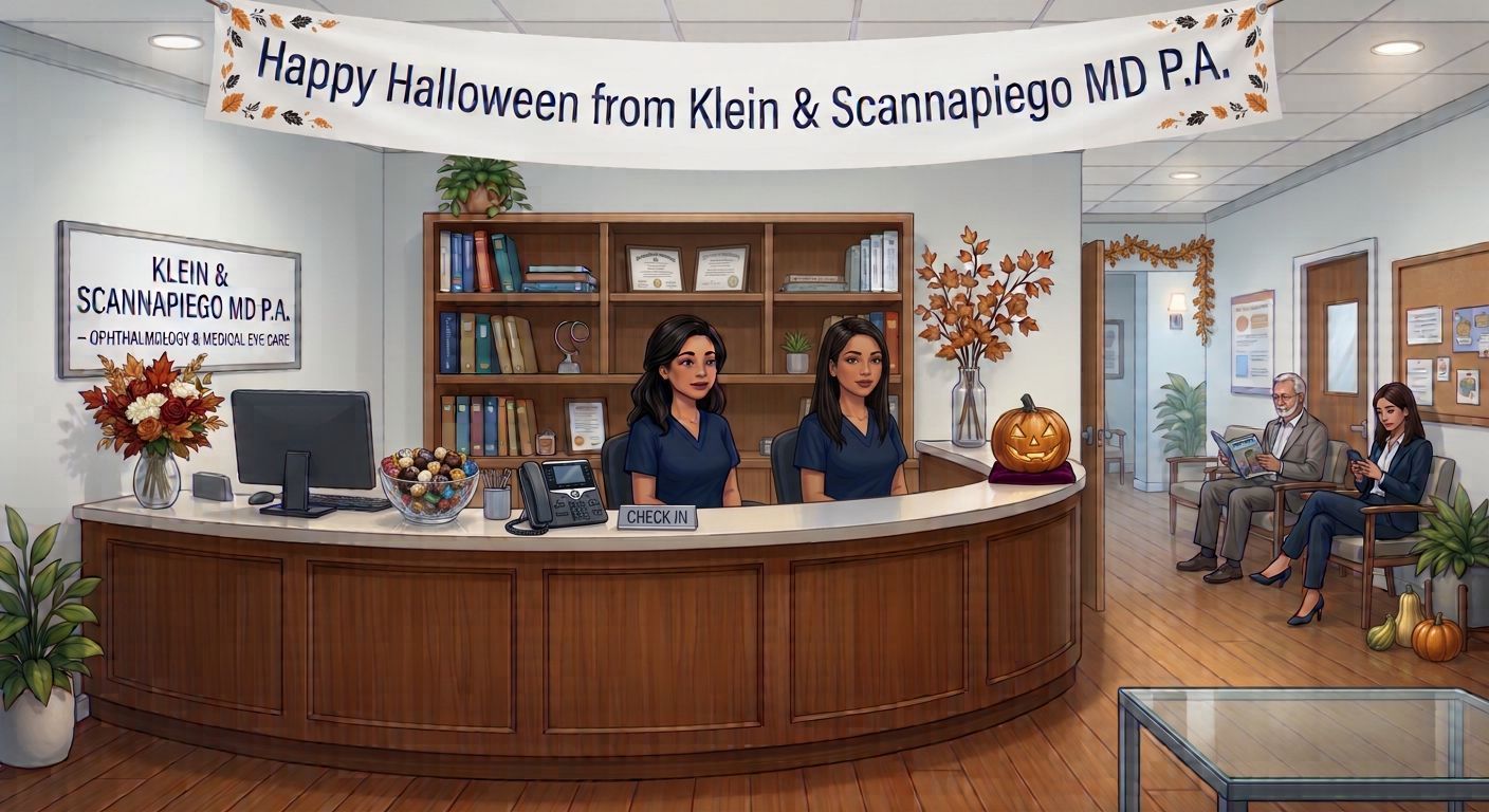 Halloween-decorated clinic reception with two staff at the front desk and a banner overhead
