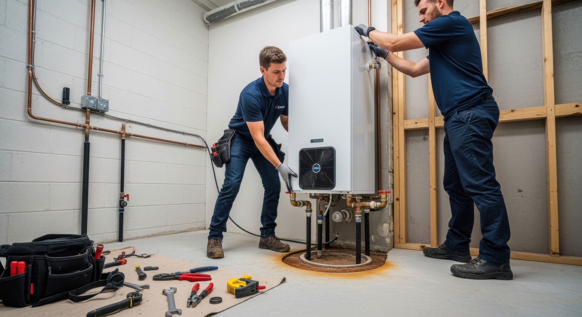 Two technicians install a white boiler in a workshop, with tools scattered on the floor.