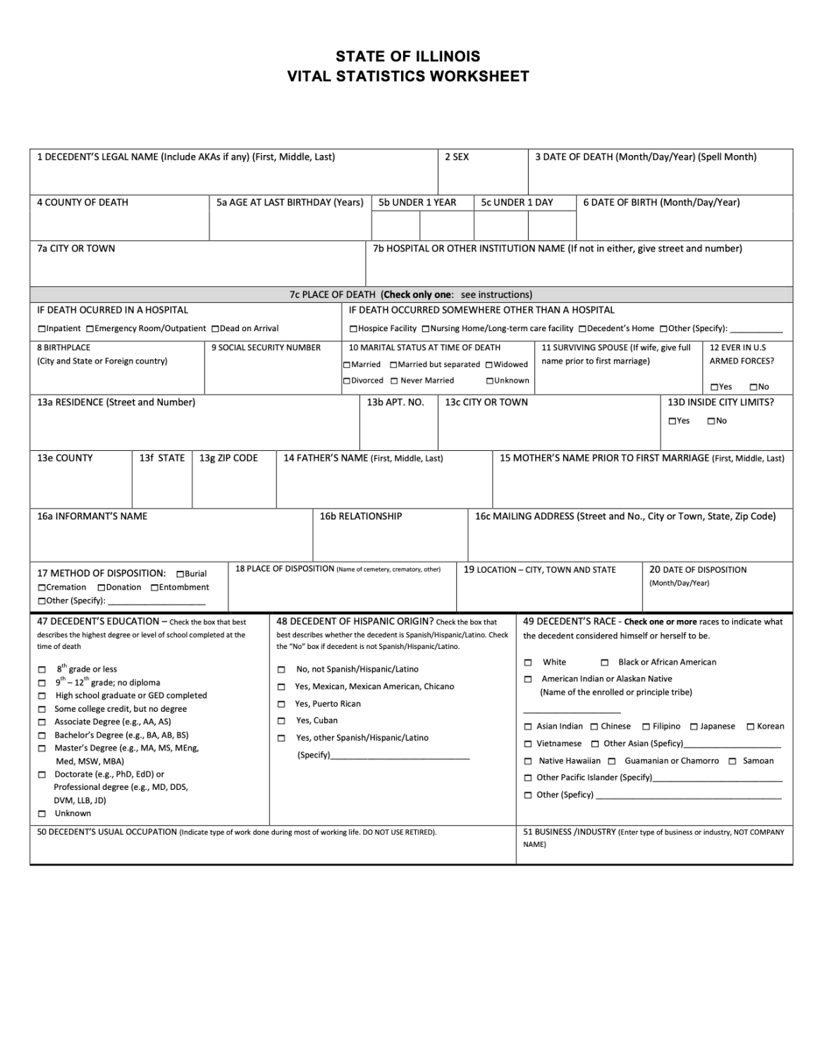 State of Illinois Vital Statistics Worksheet black-and-white scanned form with multiple boxes, tables, and handwritten entries.
