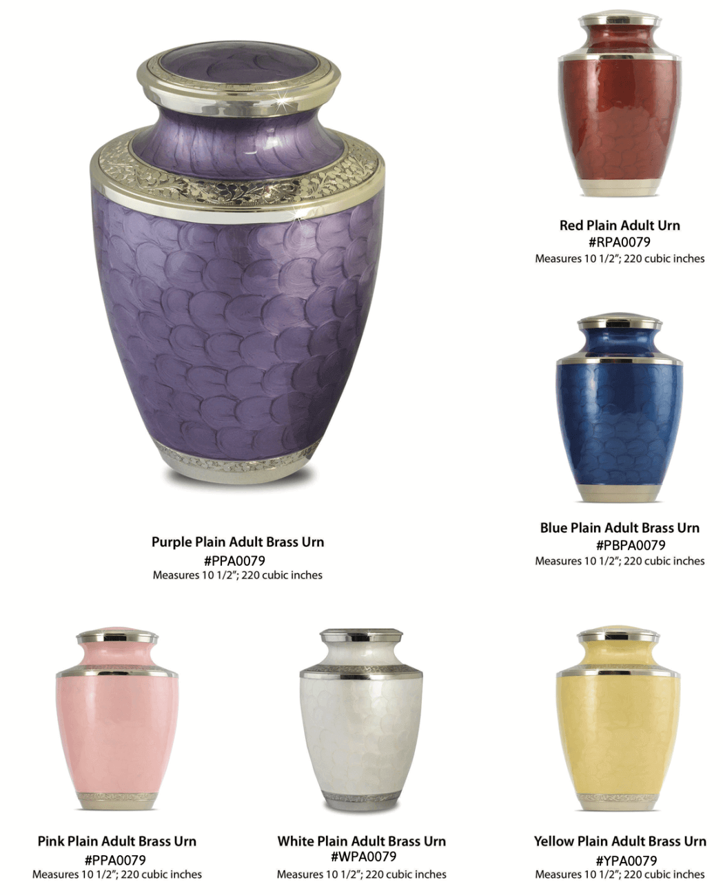 Catalog of decorative urns in purple, red, blue, pink, white, and yellow finishes
