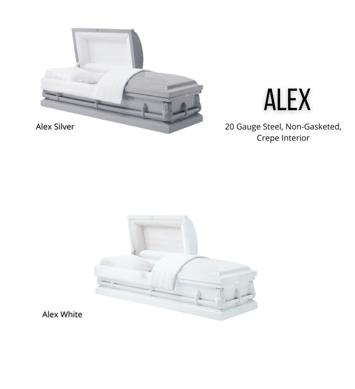 Two white caskets labeled Alex Silver and Alex White on a plain white background