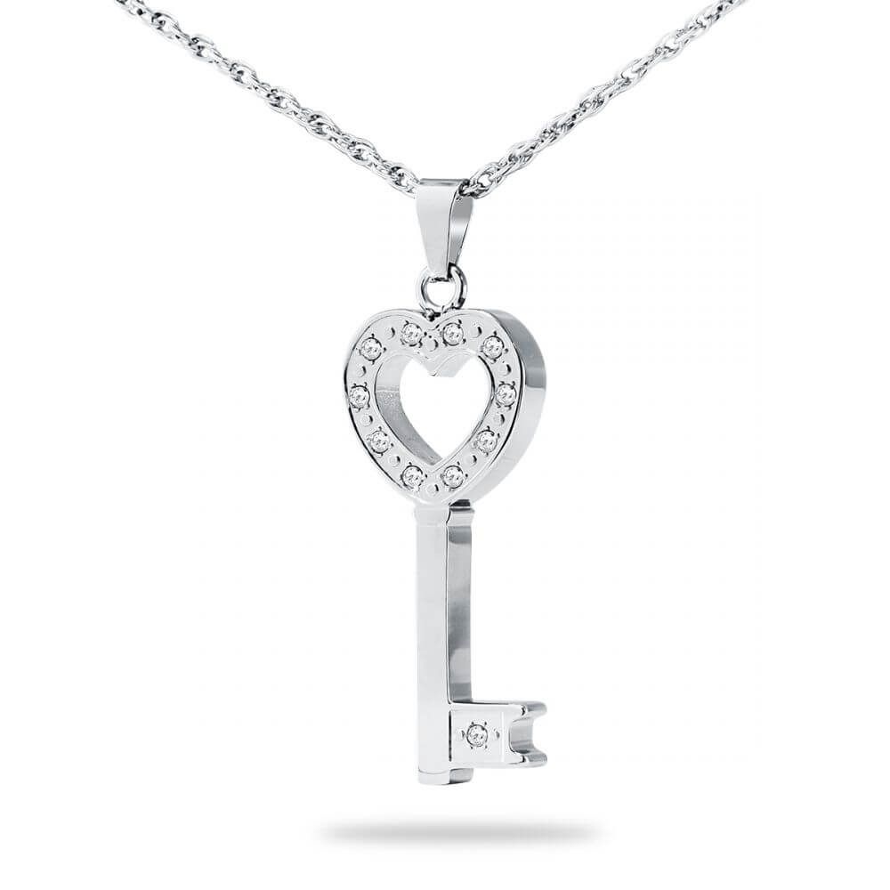 Silver heart-shaped key pendant necklace on a white background