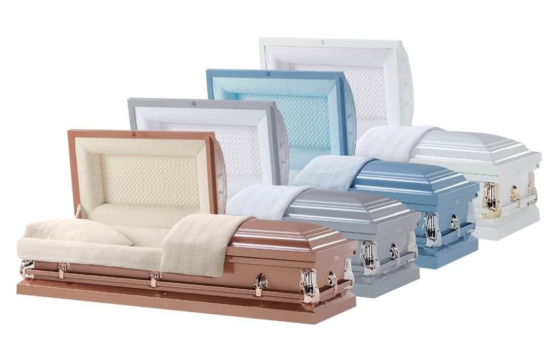 A row of folded caskets in white, blue, silver, and rose colors arranged diagonally