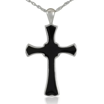 Black cross pendant with silver outline on a chain, isolated on a white background
