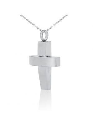 Silver abstract pendant necklace on a chain, shaped like a stylized human figure