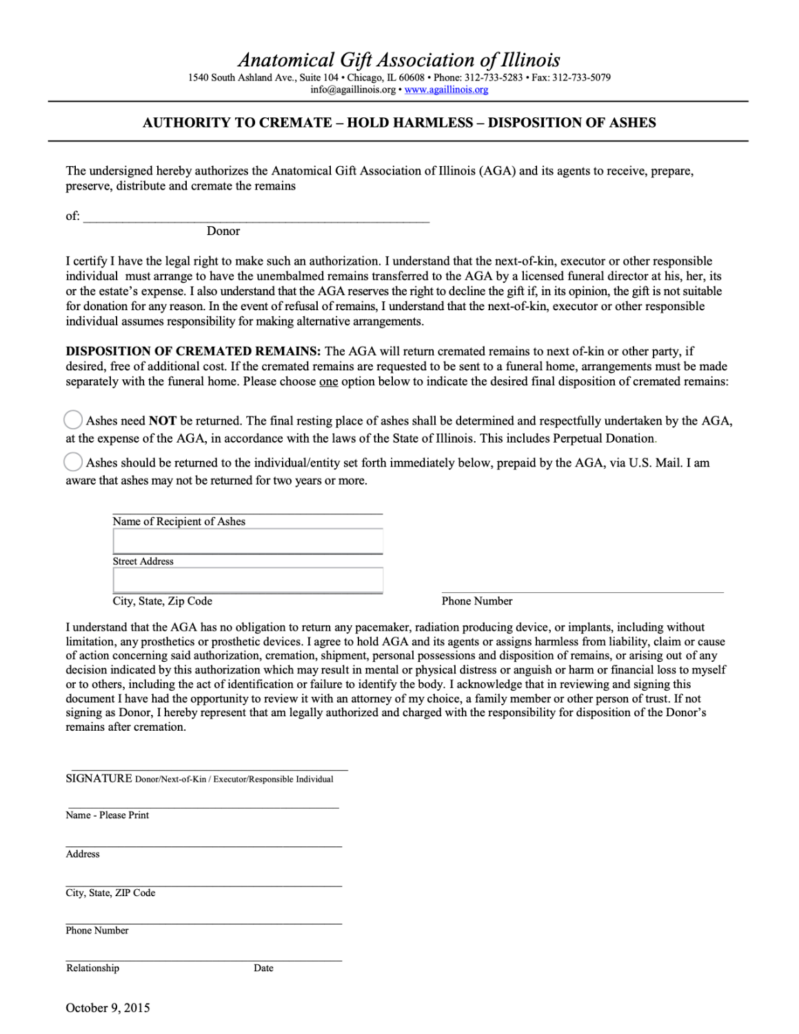 Anatomical Gift Association of Illinois legal form with title, paragraphs, and blank fields for applicant information and signature
