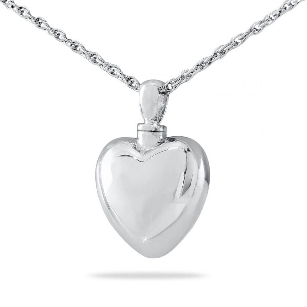 Silver heart-shaped pendant necklace on a chain, centered on a white background
