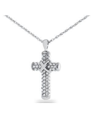 Silver cross pendant necklace with clear gemstones and a teardrop bail