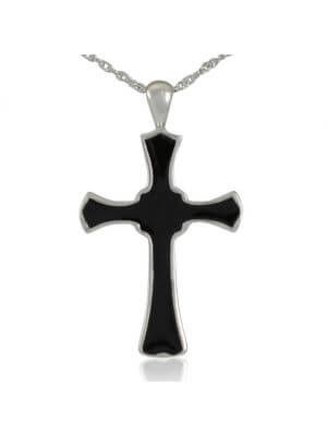 Black cross pendant necklace on a silver chain
