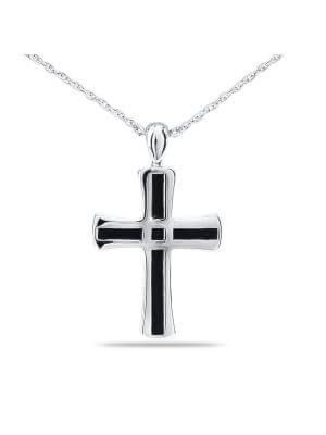Silver cross pendant necklace on a chain against a white background
