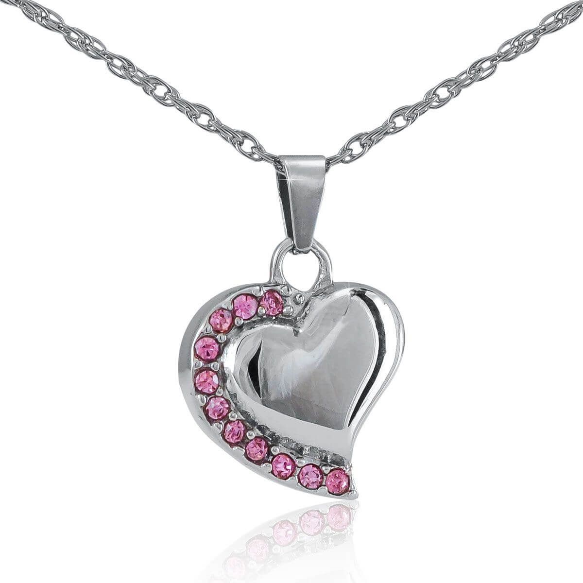 Silver heart pendant necklace with pink gemstones