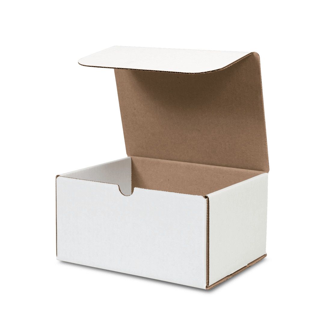 Black identification box beside open white cardboard box on a plain background