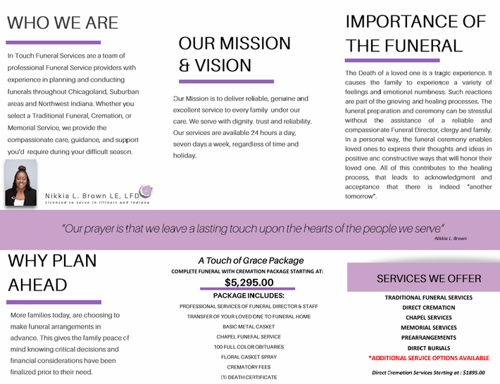 Business brochure with sections on who we are, mission, importance of the funeral, services, and pricing on a white and lavender layout