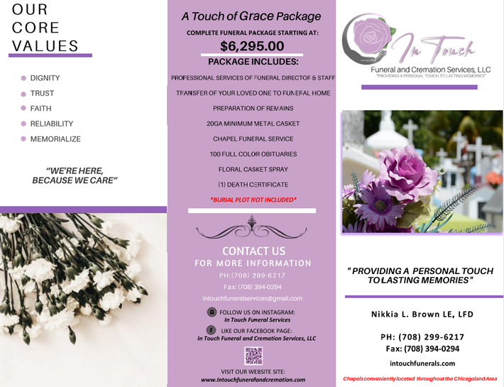 Wedding brochure with pink and purple floral design, pricing, services, contact details, and bouquet photos