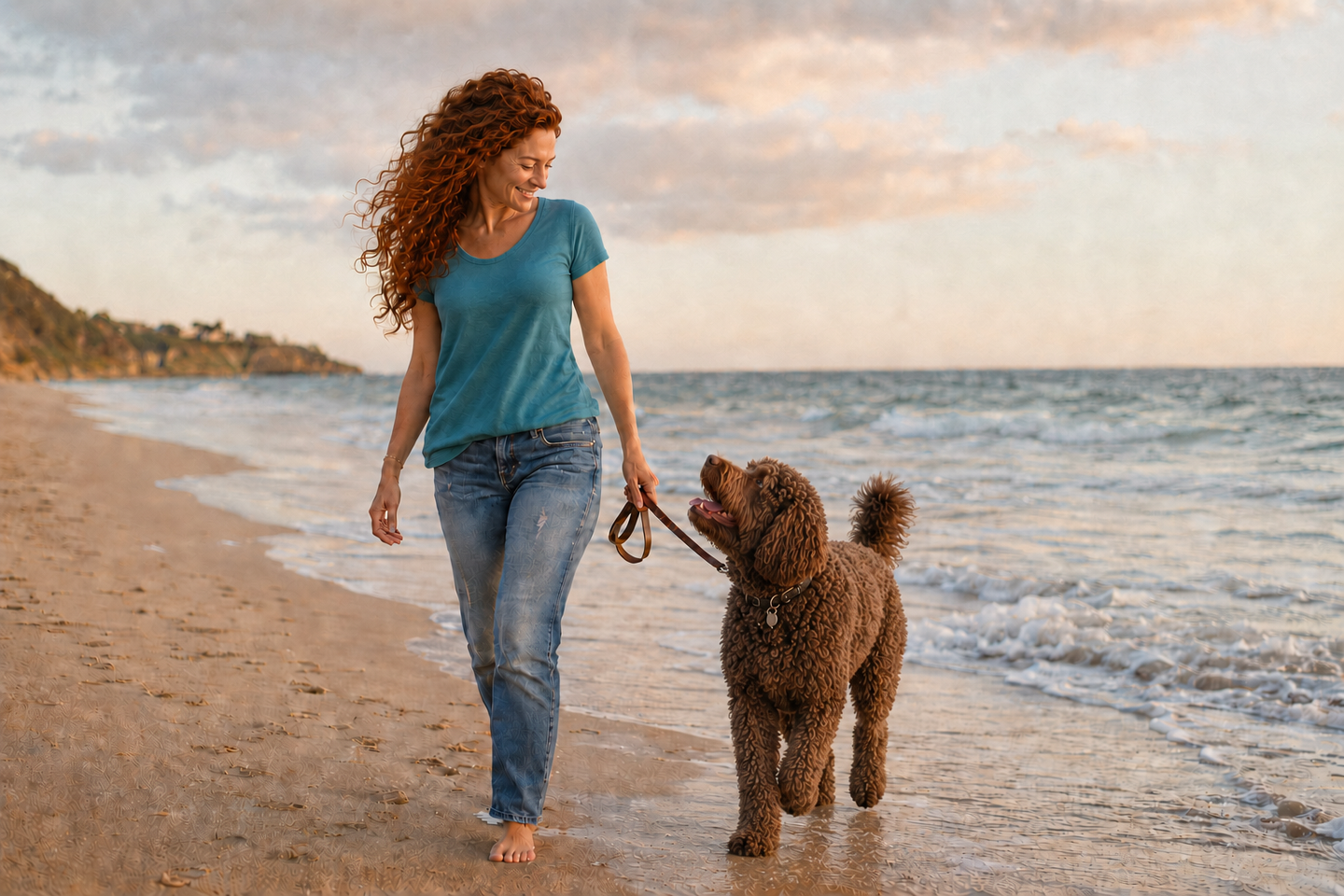 Woman walking a curly-haired dog on a beach at sunset