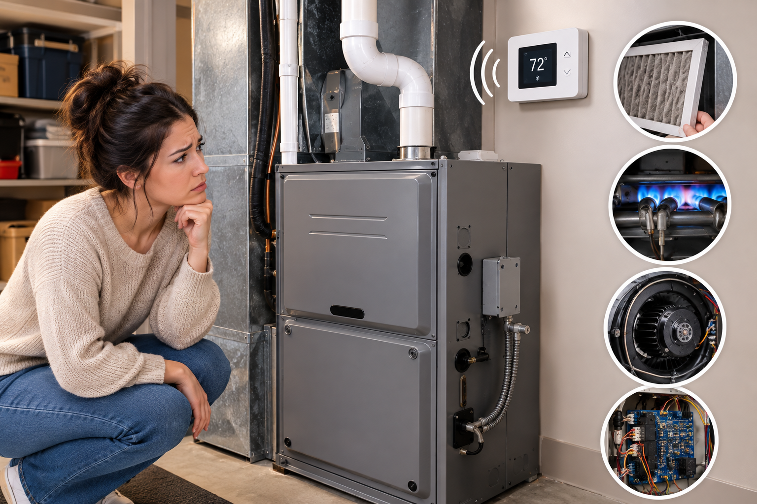 Woman kneeling beside a gray HVAC furnace with ductwork in a utility room, inspecting its controls