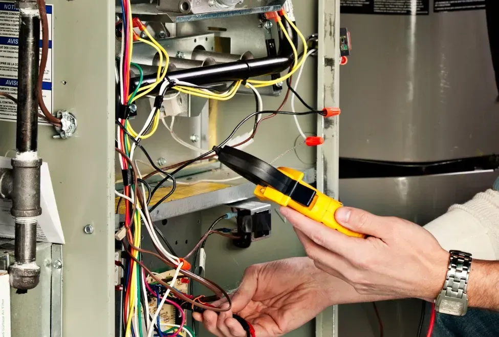 Technician using a multimeter to inspect wiring inside an open electrical panel